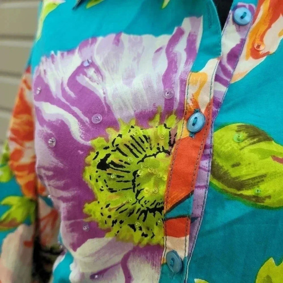 Rene Derhy Cotton Floral Blouse Button Shirt Womens Colorful Medium Beaded - Picture 7 of 11